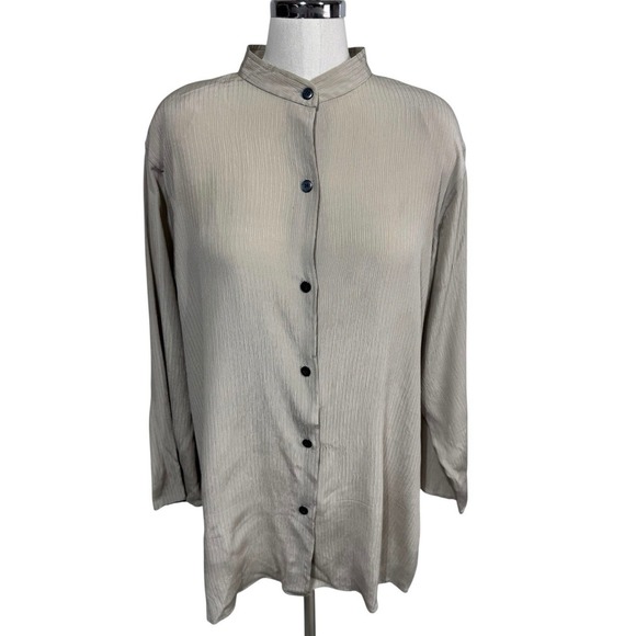 Finity Silk Button Down Blouse Minimalist Neutral Long Sleeve Top Women's Large - Picture 1 of 8